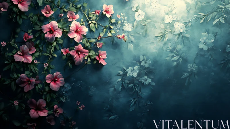 Pink Flowers Against Teal Mist: Digital Floral Study.