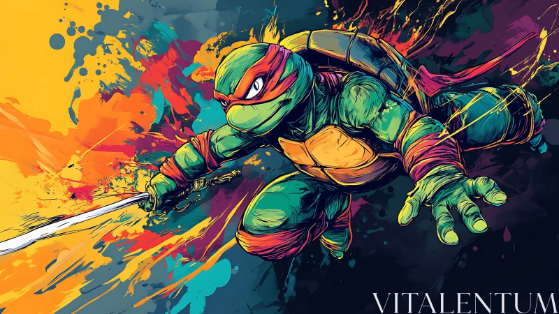 Neon turtle warrior leaps through explosive street-punk color.