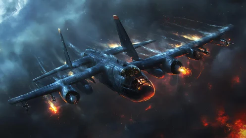 Heavy bomber hurtles through inferno with cinematic volumetrics.