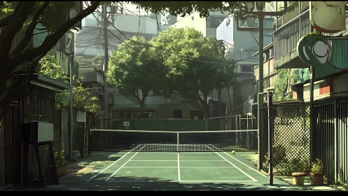 Urban rooftop tennis court framed by dense city housing.