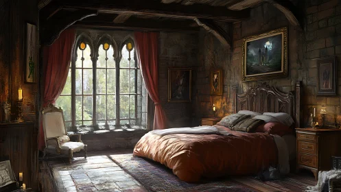 Gothic stone bedroom interior captures warm candlelit calm