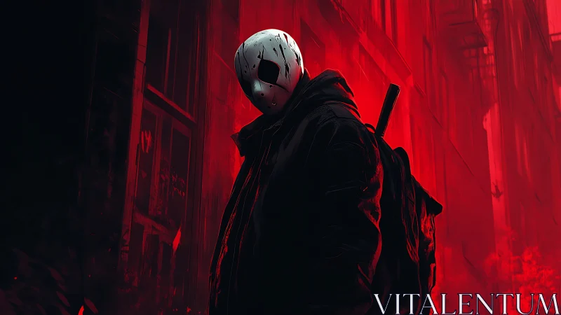 Masked dusk-walker in crimson alley fog, quietly hunting.