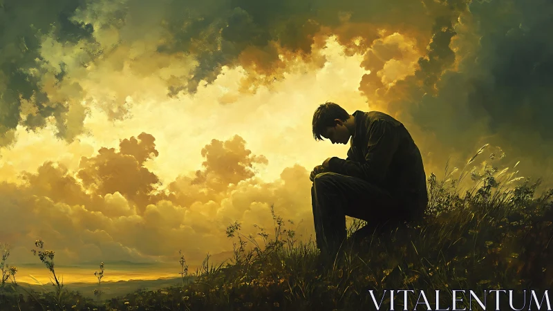 Lonely man on hillside under dramatic golden storm clouds.
