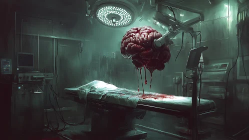 Suspended biomechanical brain hovers above bloodstained table