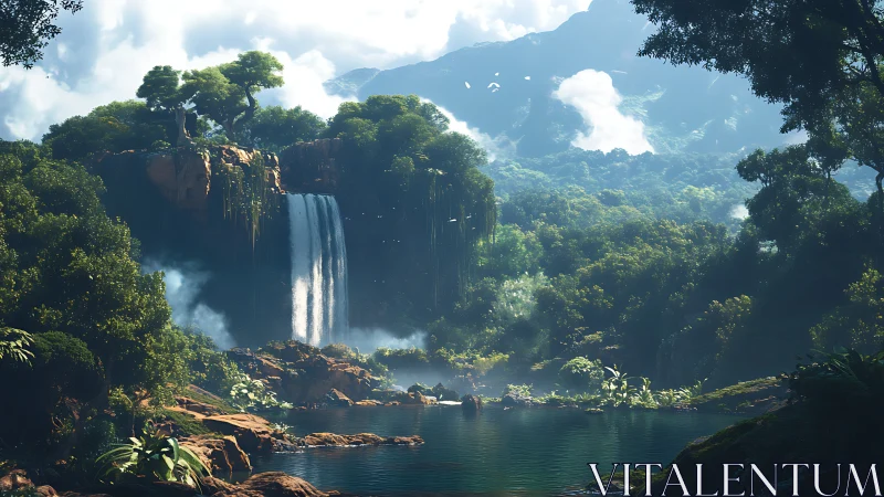 Lush jungle waterfall cascades into tranquil emerald pool