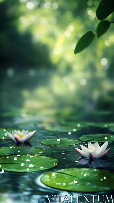 Sunlit water lilies float gently on a tranquil forest pond