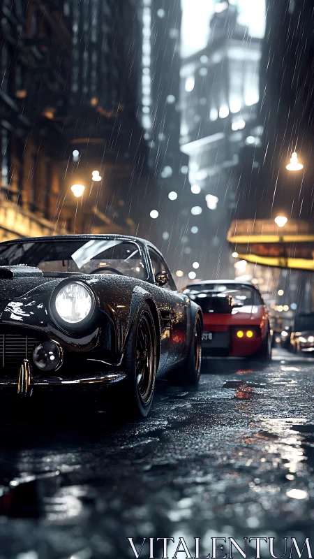 Two wet street-parked sports cars in rain-soaked city street