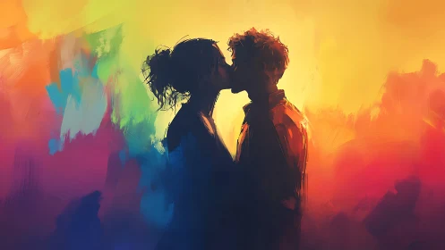 Silhouetted Couple Embracing Within Chromatic Gradient Field.