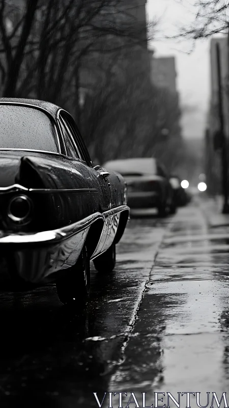 Vintage car waits in a rain-soaked, moody city street