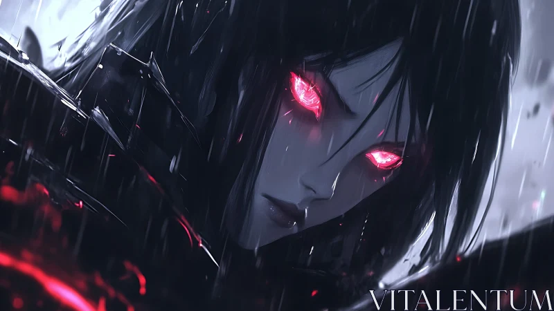 Rain-drenched shadow watches with storm-bright crimson eyes