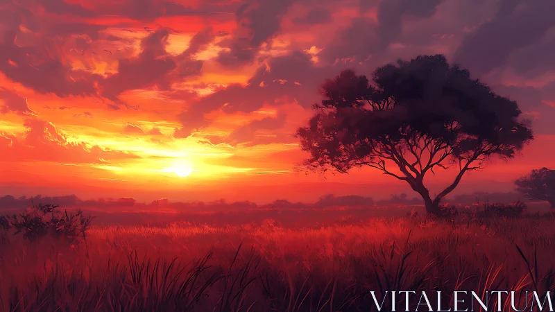 Radiant savanna horizon under volumetric sunset skyfield.