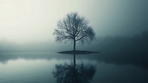 Solitary tree stands in tranquil mist above glassy lake