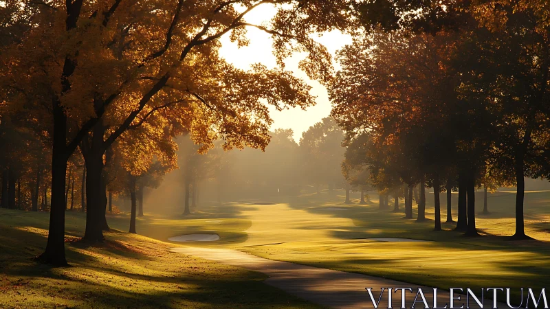 Autumnal golf fairway in low-angle volumetric sunrise light.