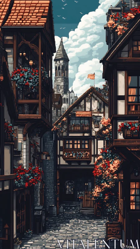 Sunlit medieval lane wrapped in blooms and quiet stories.