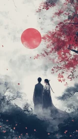 Bilateral lovers under vermilion sun in misted inkscape.