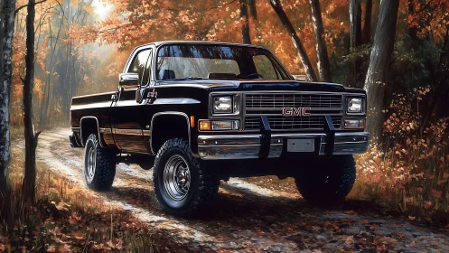 Classic GMC pickup rendered in autumn woodland digital painting