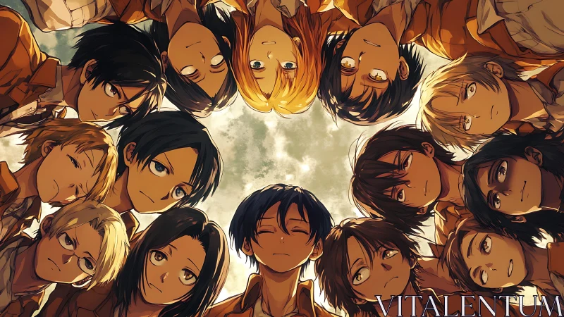 Circle of anime friends gaze upward in warm sunlight.