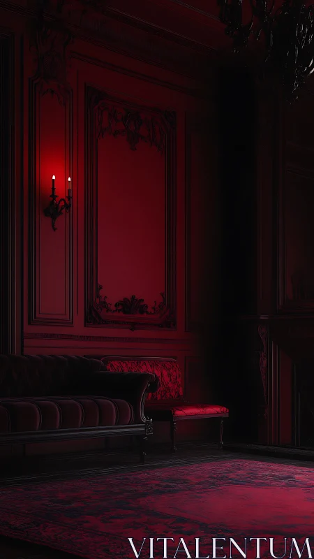 Velvet crimson parlor brooding under candlelit shadows.