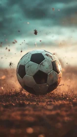Weathered soccer ball on dusty field under clouded sky.
