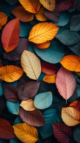 Overhead view of multicolored autumn leaves on dark ground.