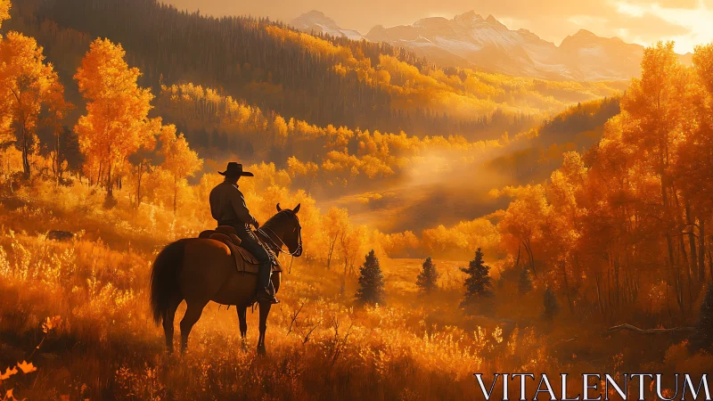 Cowboy on horseback surveys sunlit autumn valley with layered depth