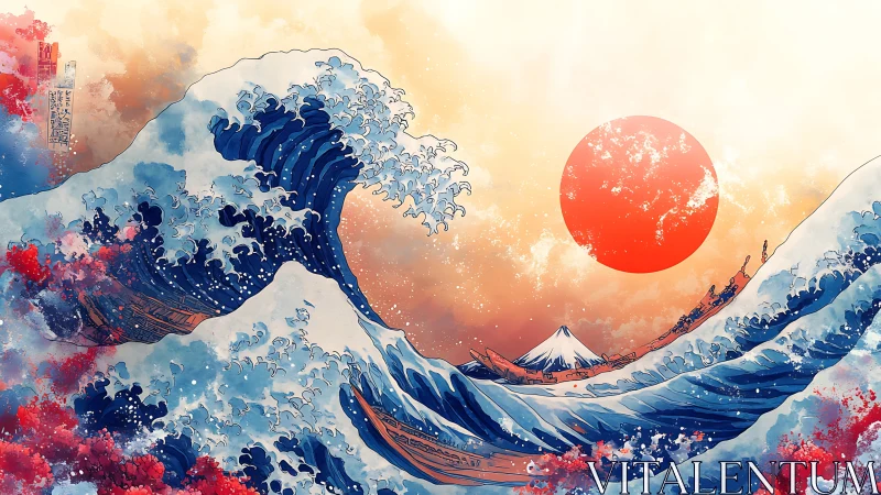 Crashing stylized wave meets blazing red sun at sunrise.