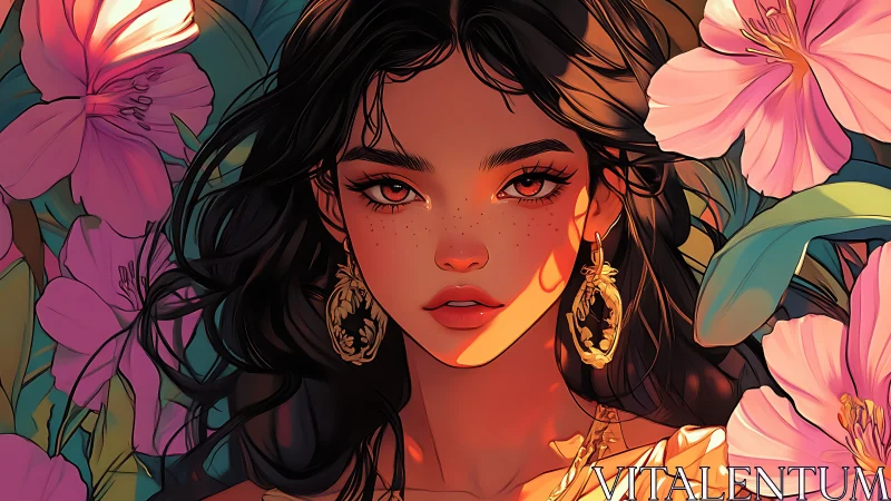 Freckled woman framed by pink hibiscus in warm sunset light