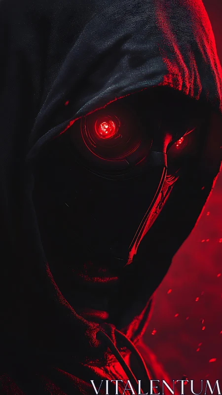 Hooded cybernetic assassin glares through red sensor eye