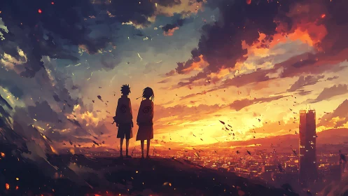 Silhouetted youths observe a blazing anime city sunset sky
