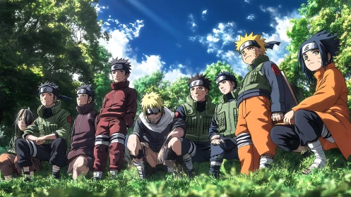 Forest sunlight crowns a determined squad of leaf shinobi