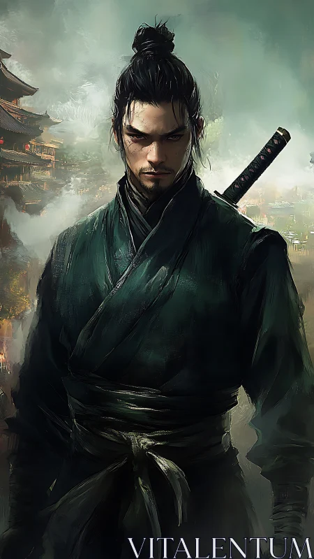 Stormlit ronin warrior in emerald robes amid rising mist.