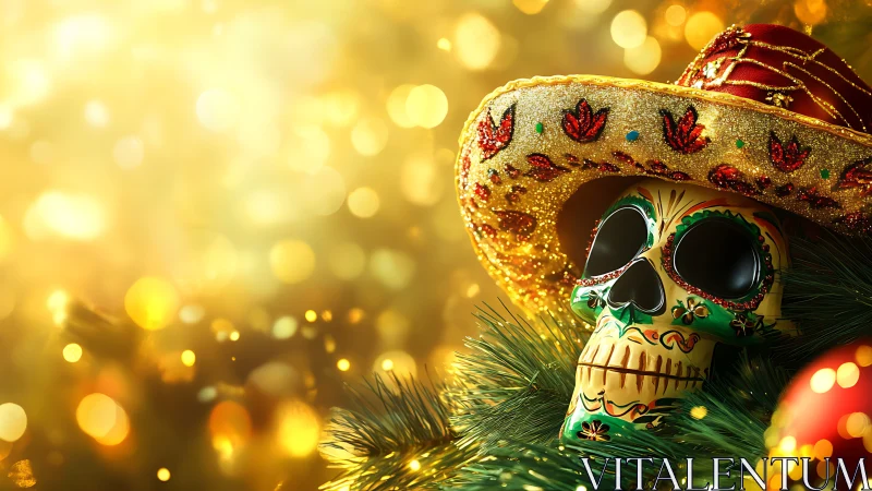 Sugar skull in glittering sombrero amid golden lights.