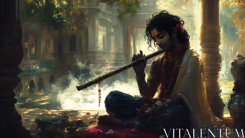 Gentle flute player rests by glowing waters in soft golden light