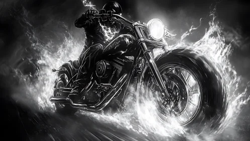 Flaming motorcycle rider in monochrome digital artwork.