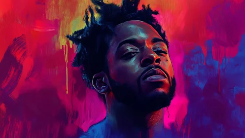 Dream-lit portrait in neon waves of color and quiet pride.