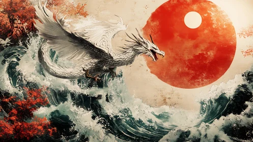 White dragon over stormy sea before red rising sun.