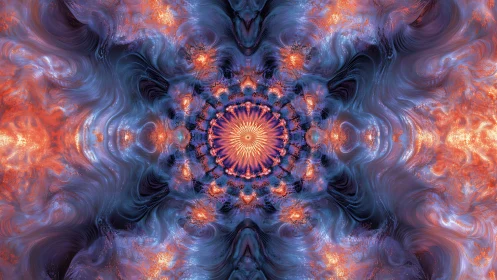 Radiant mandala vortex in swirling cosmic fractal fire.