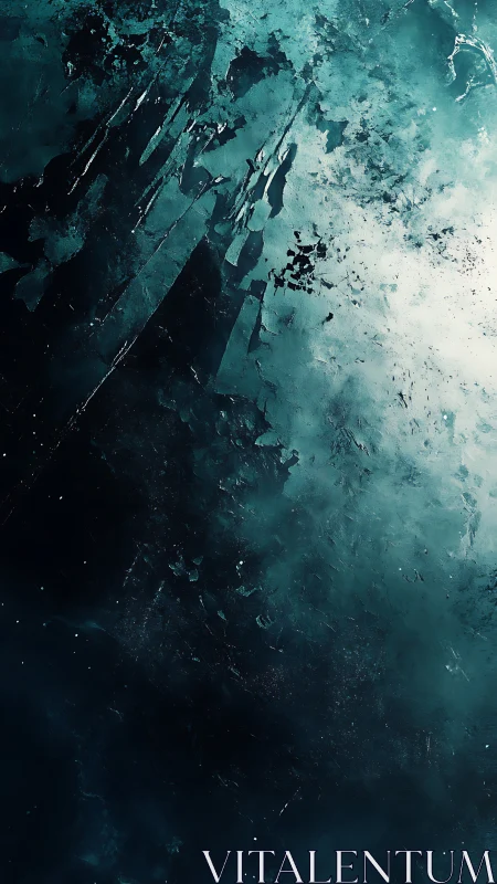 Glacial teal fracture field with textured cosmic shadows.