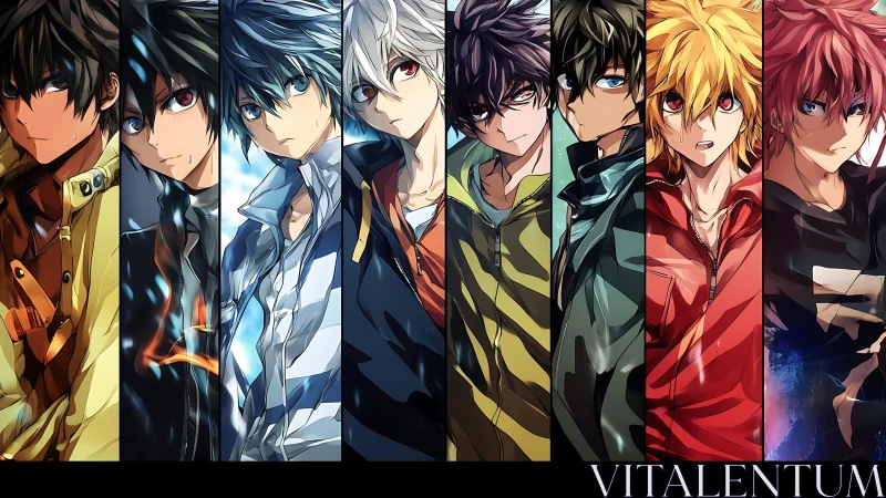 Intense anime portraits in segmented chromatic character lineup.