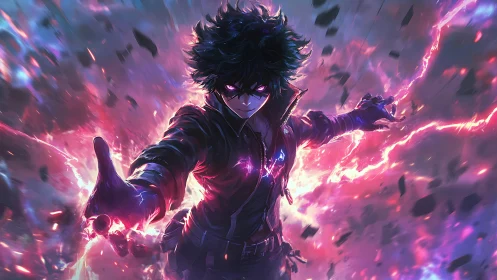 Dark-clad figure amid electric energy and floating debris.