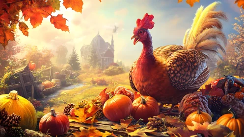 Rooster displayed with autumn harvest produce against architectural backdrop.