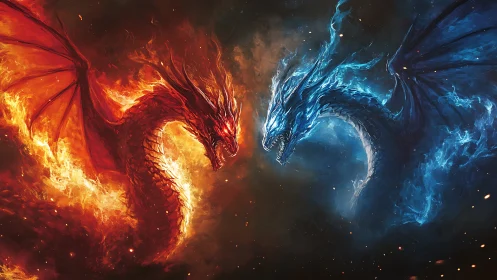 Fire and ice dragons locked in elemental sky duel.