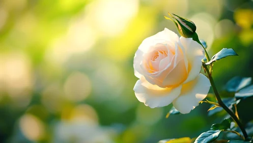 Cream Rose in Golden Light with Green Foliage Background.