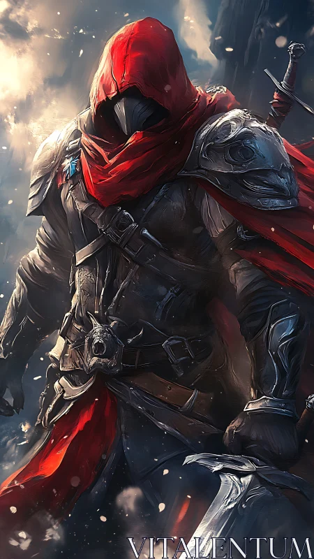 Hooded armored rogue with red cloak rendered in dynamic chiaroscuro