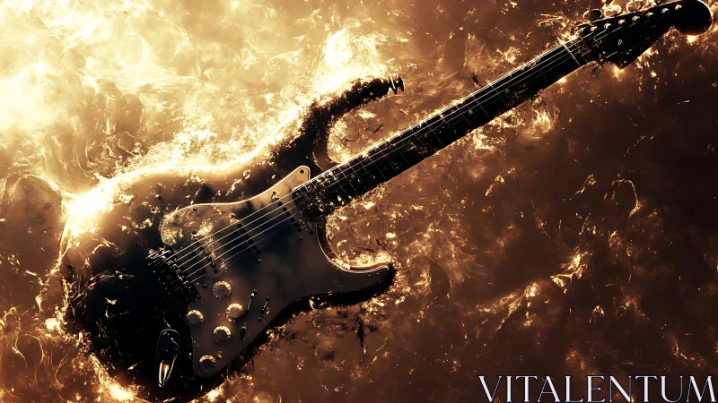 Electric guitar glowing in molten golden light and sparks.