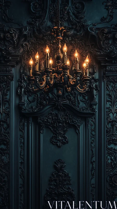 Baroque brass chandelier illuminates dark ornate wall relief