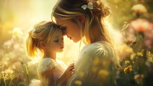 Mother and daughter share tender embrace in sunlit meadow