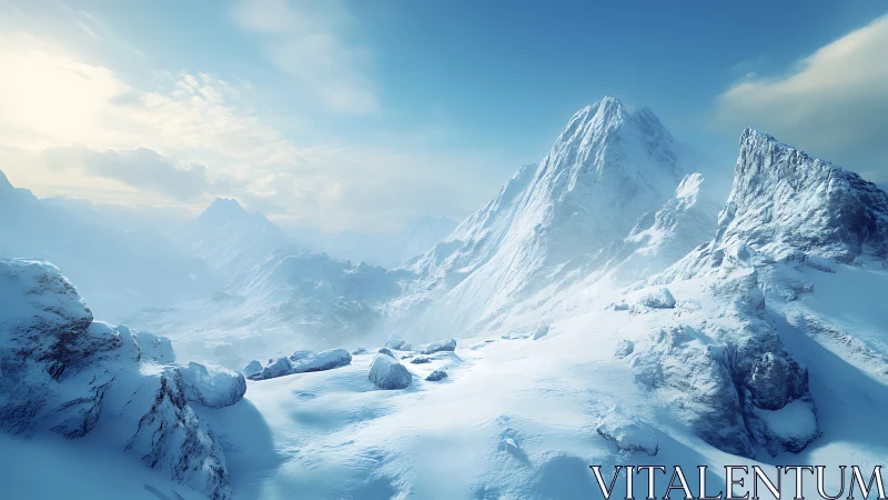 Silent winter peaks glow softly under a calm blue sky