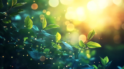 Sunlit Leaves with Sparkling Bokeh in Dreamy Nature Scene.