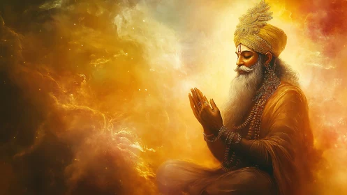 Radiant sage in golden nebula with volumetric atmospheric lighting